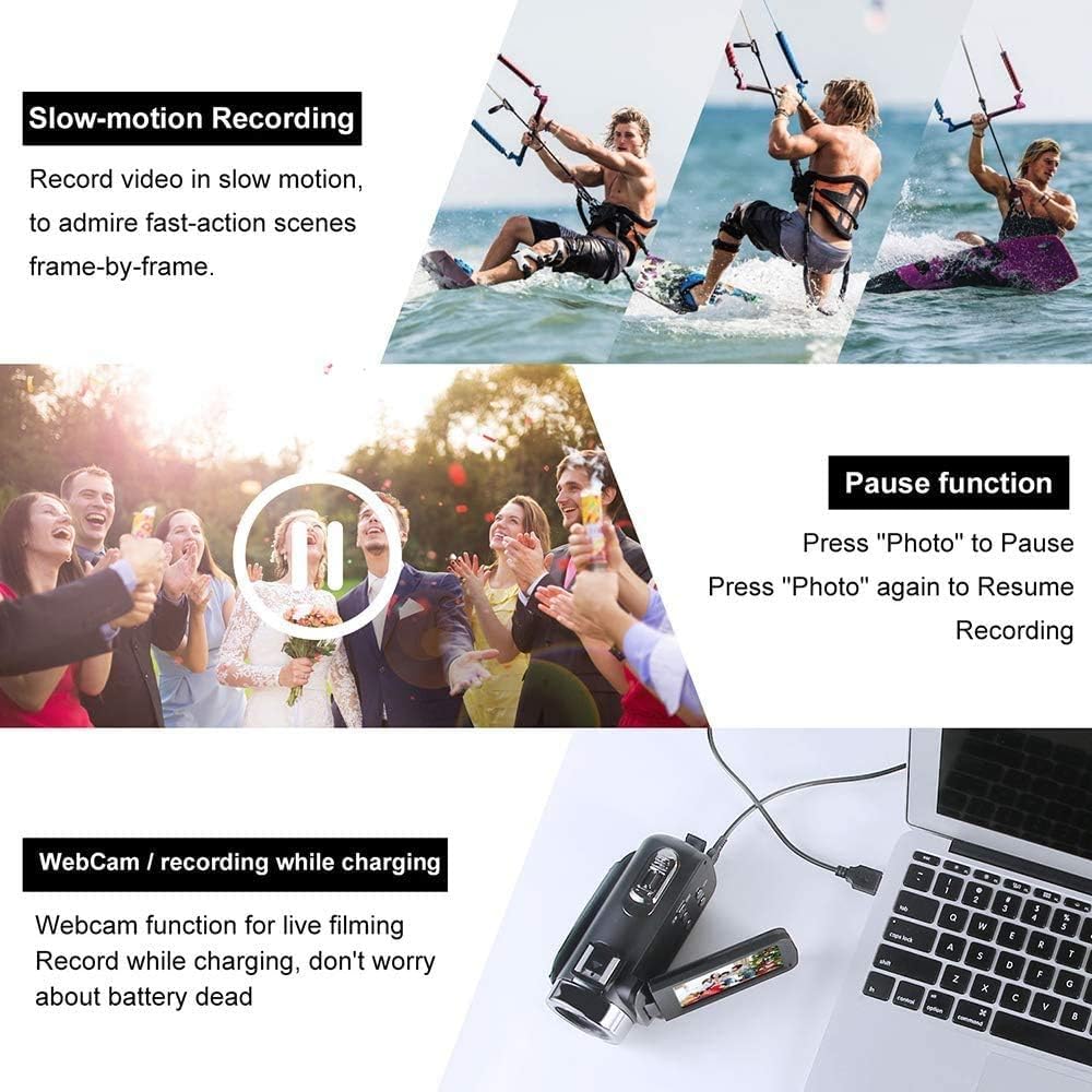 Caméra Vidéo Caméscope FHD 1080P 24MP 30FPS Vlogging Caméra 3.0 '' 270 ° Pivotant IPS Écran 18x Numérique Zoom IR Nuit Vision Numérique Caméra avec Télécommande, Microphone et 2 Batteries