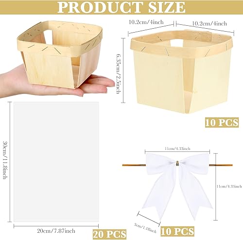 Miniatura 14 de Yerliker Juego de 10 mini cestas de madera vacías para regalos, cestas pequeñas vacías de 4 pulgadas, lazos de bayas, bolsas transparentes
