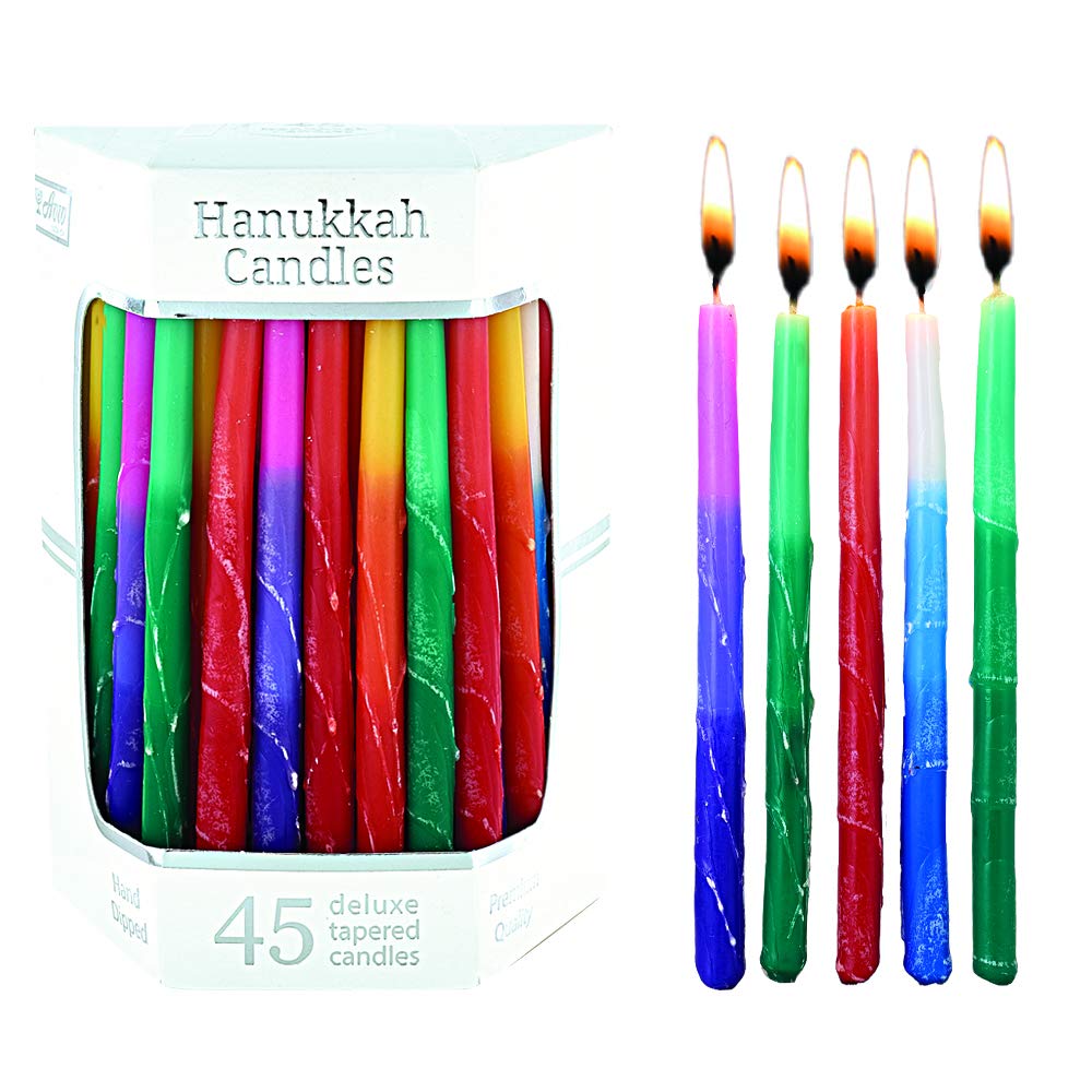 Deluxe Kosher Hanukkah Candle Set of 45 Premium Colorful Thin Tapered Candles for Standard Chanukah Menorah, Birthday Party, Celebrations Frosted Tri Color Candles