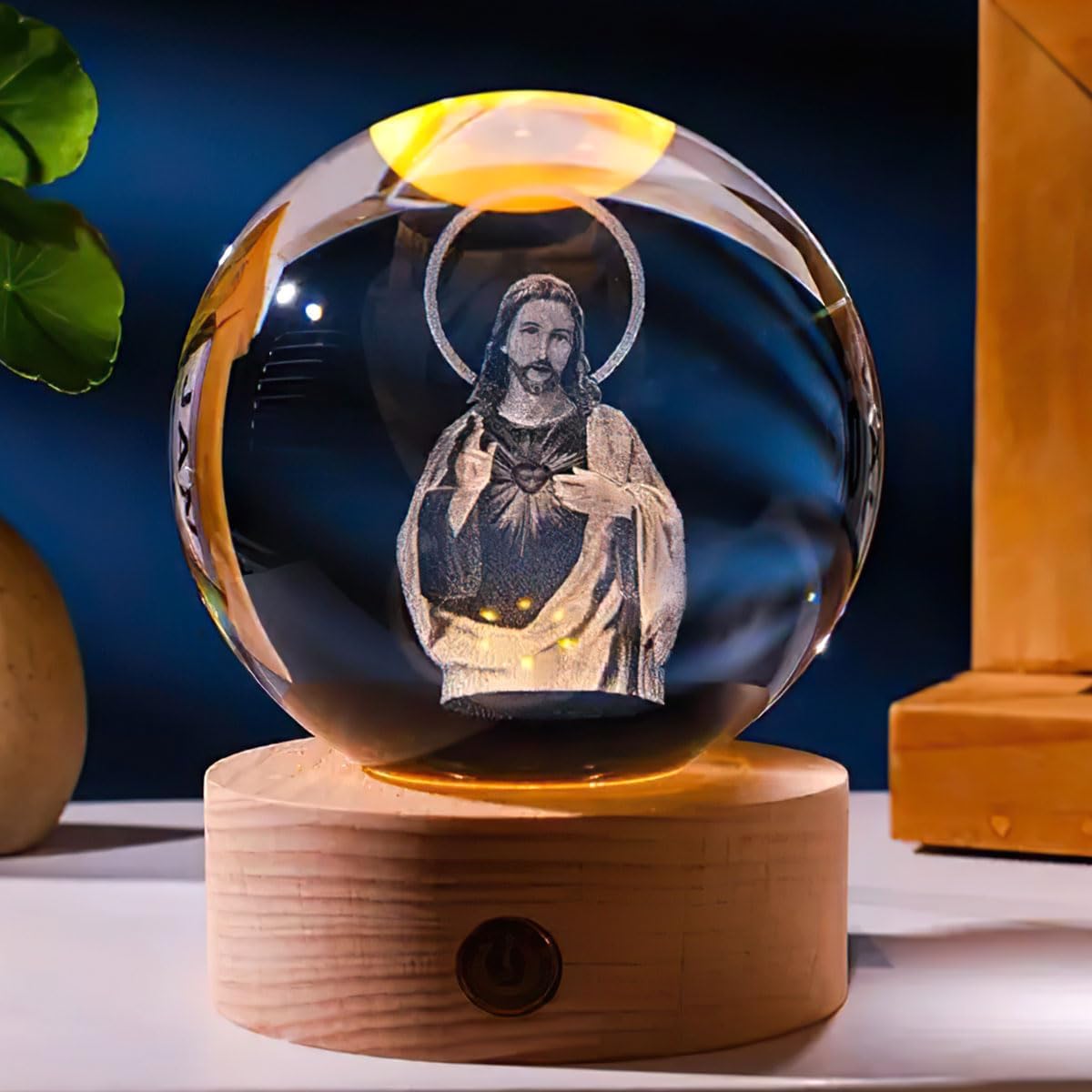 Jesuspirit - Christian Decor, Wooden Light Base Crystal Ball Night Light, Home Decor - Christian Gifts for Men and Women (Sacred Heart of Jesus)