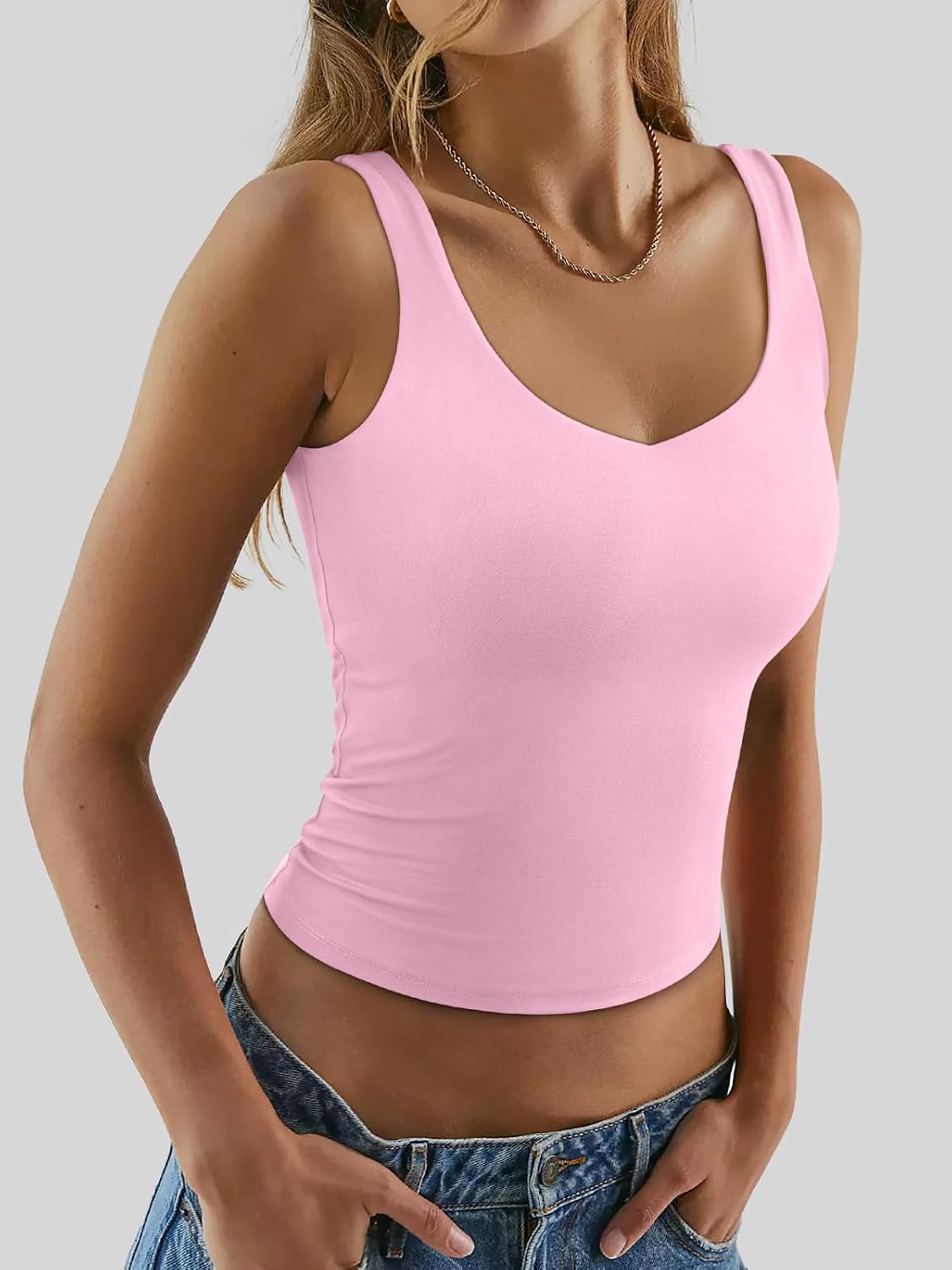 REORIA Tank Tops for Women Double Lined V Neck Summer Casual Basic 2026 Trendy Workout Going Out Clothes image 4