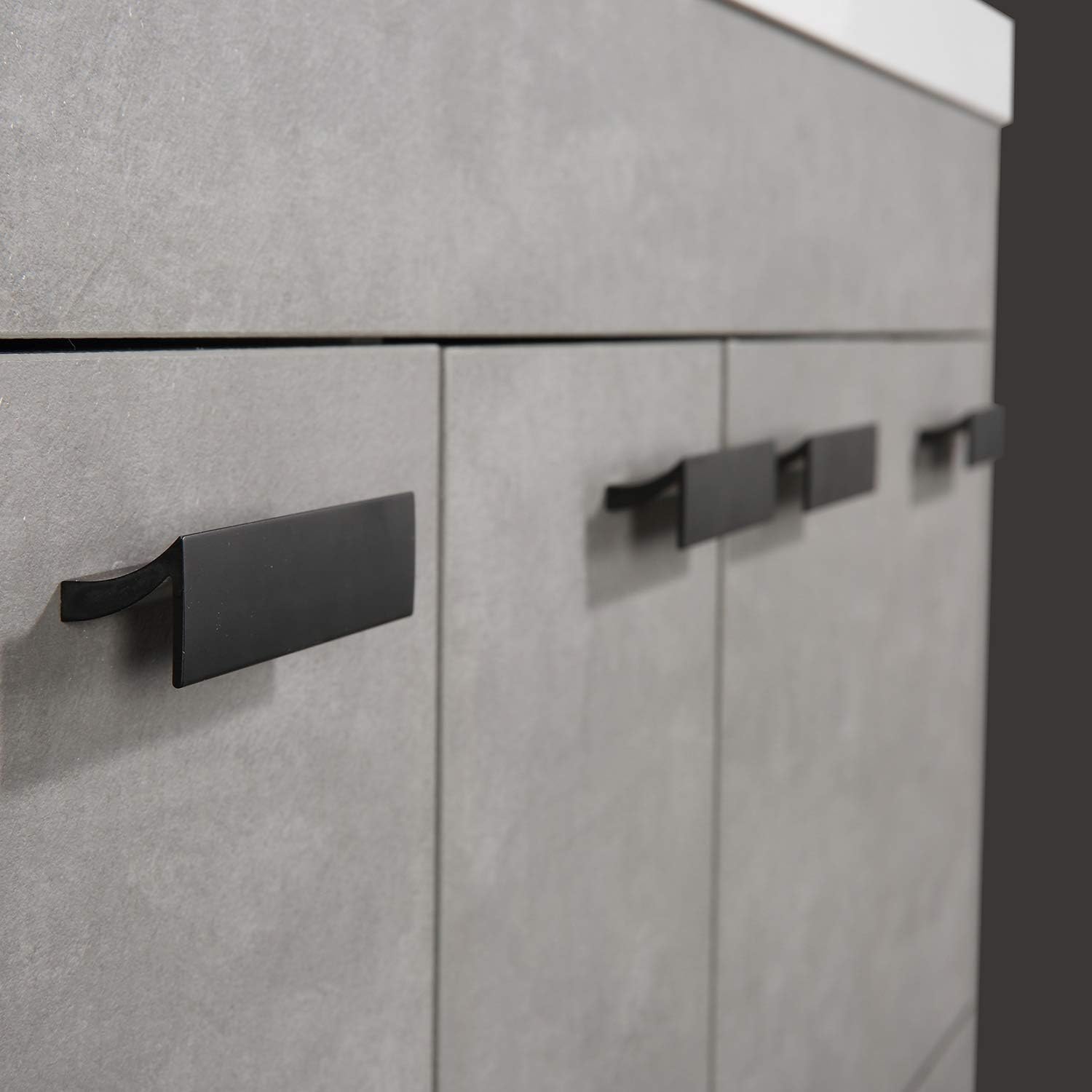Close-up of the black handles on the Eviva Lugano vanity