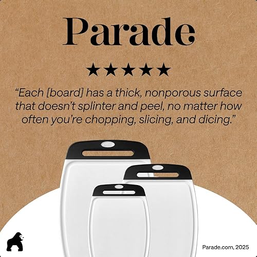 Miniatura 9 de GORILLA GRIP Juego de 3 tablas de cortar de cocina reversibles sin BPA, diseñadas en Estados Unidos, no porosas, ranuras para jugos, borde