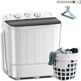Erivess Compact Portable Mini Twin Tub 18lbs Washing Machine, Get Dry Rack and 10 hangers for free! Washer and Spin Cycle Combo, for Camping, Apartments, Dorms, RVsBlack