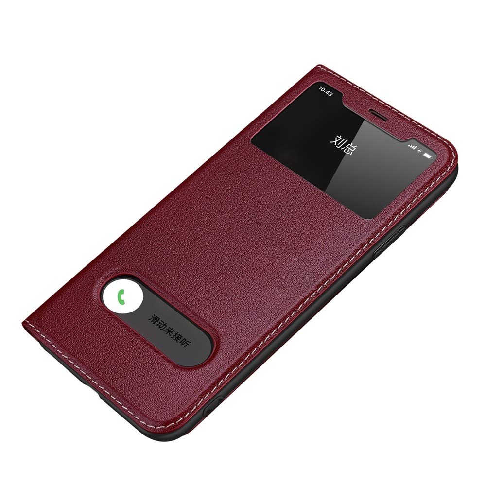 Genuine Leather Ultra Thin Flip Dual Window View Stand Feature Case Cover Compatible with iPhone 11 Pro Max (6.5 inch) (Color : Wine Red)
