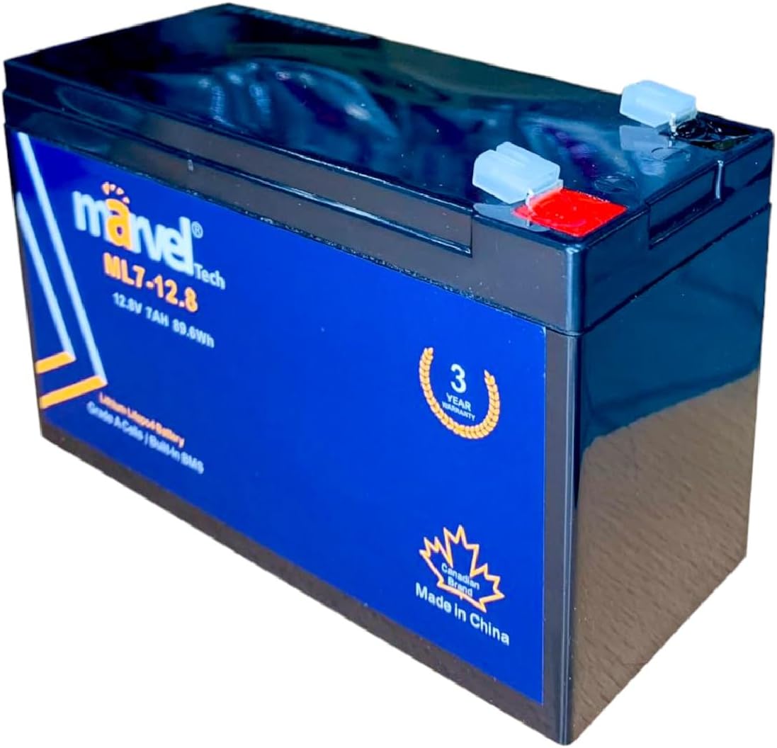 Marvel Tech 12.8V 7Ah (7Ah) Lithium LiFePO4 Deep Cycle Battery, 6000+ Cycles Lithium Iron Phosphate Rechargeable Battery, Lighting, Power Wheels, Fish Finder and More, Built-in 8A BMS