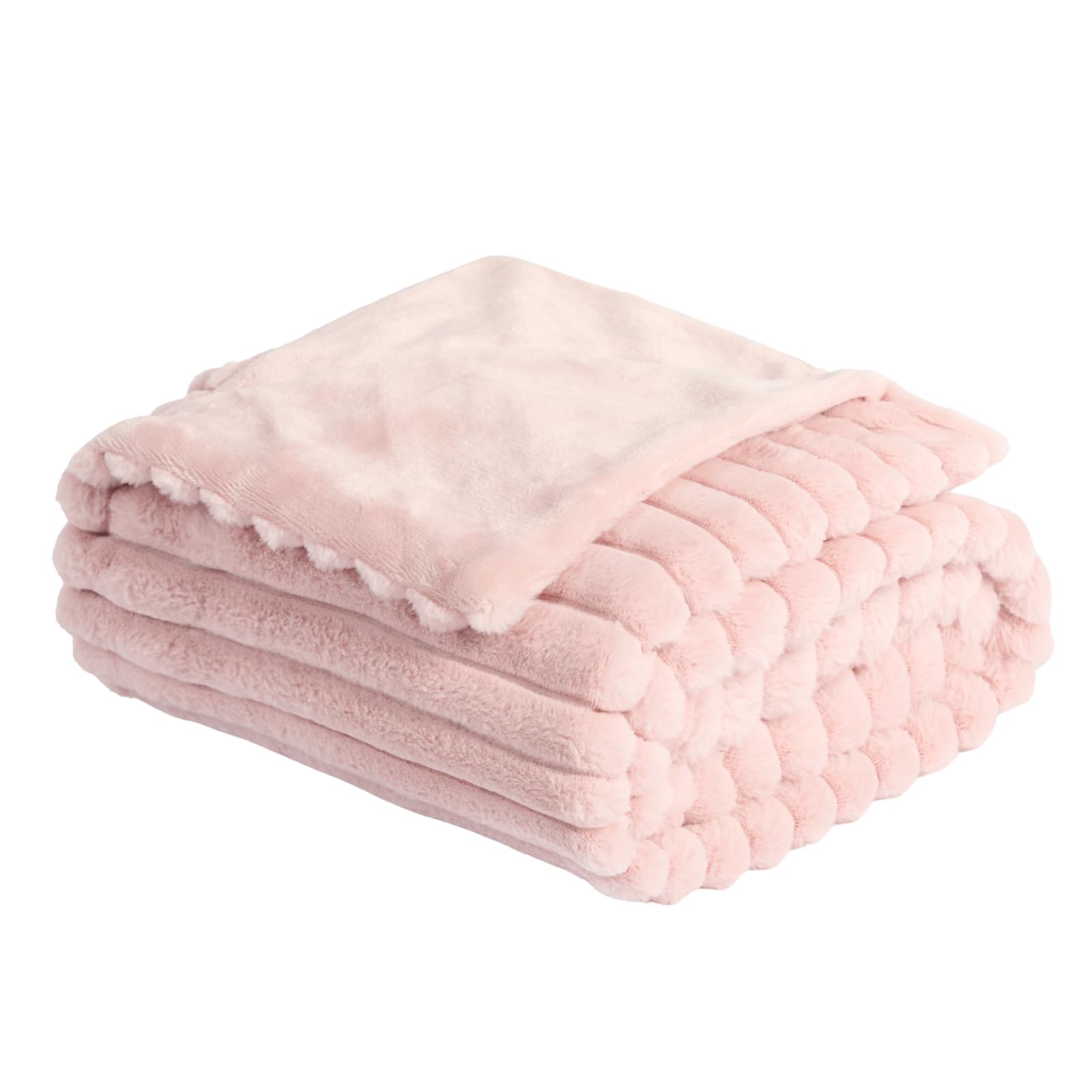 OHS Faux Fur Throw Pink Blanket, Gifts for Women Winter Warm Thick Ribbed Fleece Blanket for Bed Sofa Settee Throw Blanket Decorative Comfy Single Bed Throw, 125 x 150cm, Blush Pink