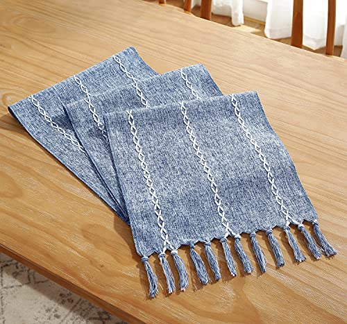 Chassic Rustic Farmhouse Style Linen Table Runner, Boho Handmade Tassel Embroidery Table Runners 108 Inches Long For Holiday Party, Dresser And Dining Decorations, 13 X 108 Inch - Blue #TOP5