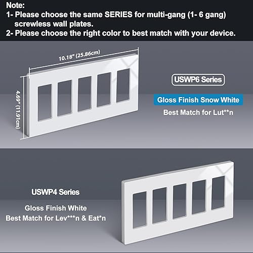 Miniatura 6 de BESTTEN Placa de pared sin tornillos de 5 segmentos, cubierta de enchufe decorador, placa decorativa para interruptor, serie blanca nieve brillante