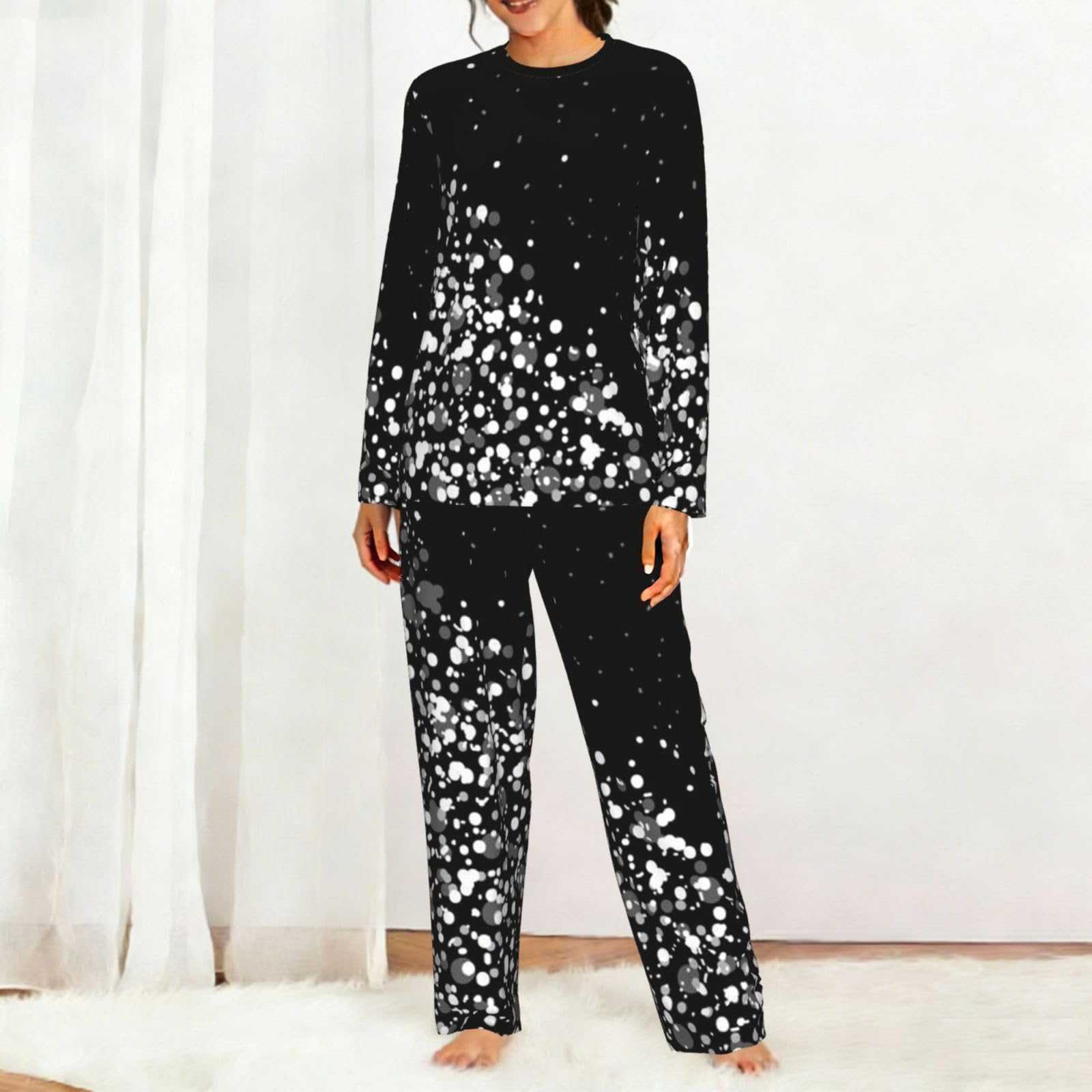 Pigiama da donna a maniche lunghe con stampa glitter bianco nero morbido elastico coulisse casual Daywear