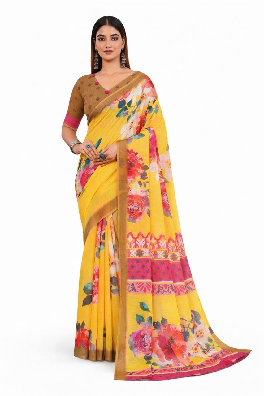 sadala culture Women’s Yellow & Pink Printed linen Blend Saree with Unstitched Contrast Blouse | Ethnic Border Soft Lightweight Traditional Saree for Office and Casual wear-picture-20