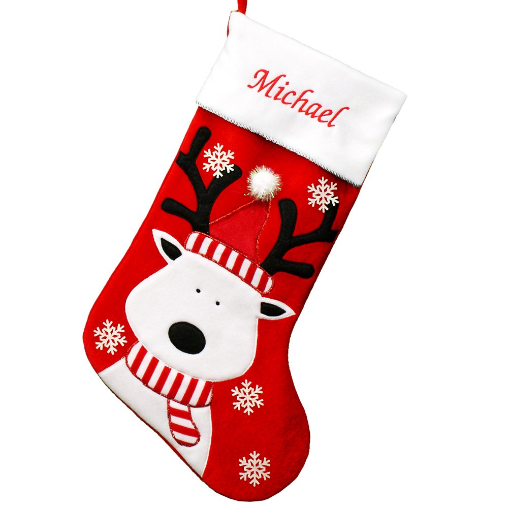 GiftsForYouNow Reindeer Personalized Christmas Stocking, Embroidered, Adorable Christmas Stocking, Customized X-Mas Stocking, Any Name Christmas Stocking, Red and White Christmas Stocking
