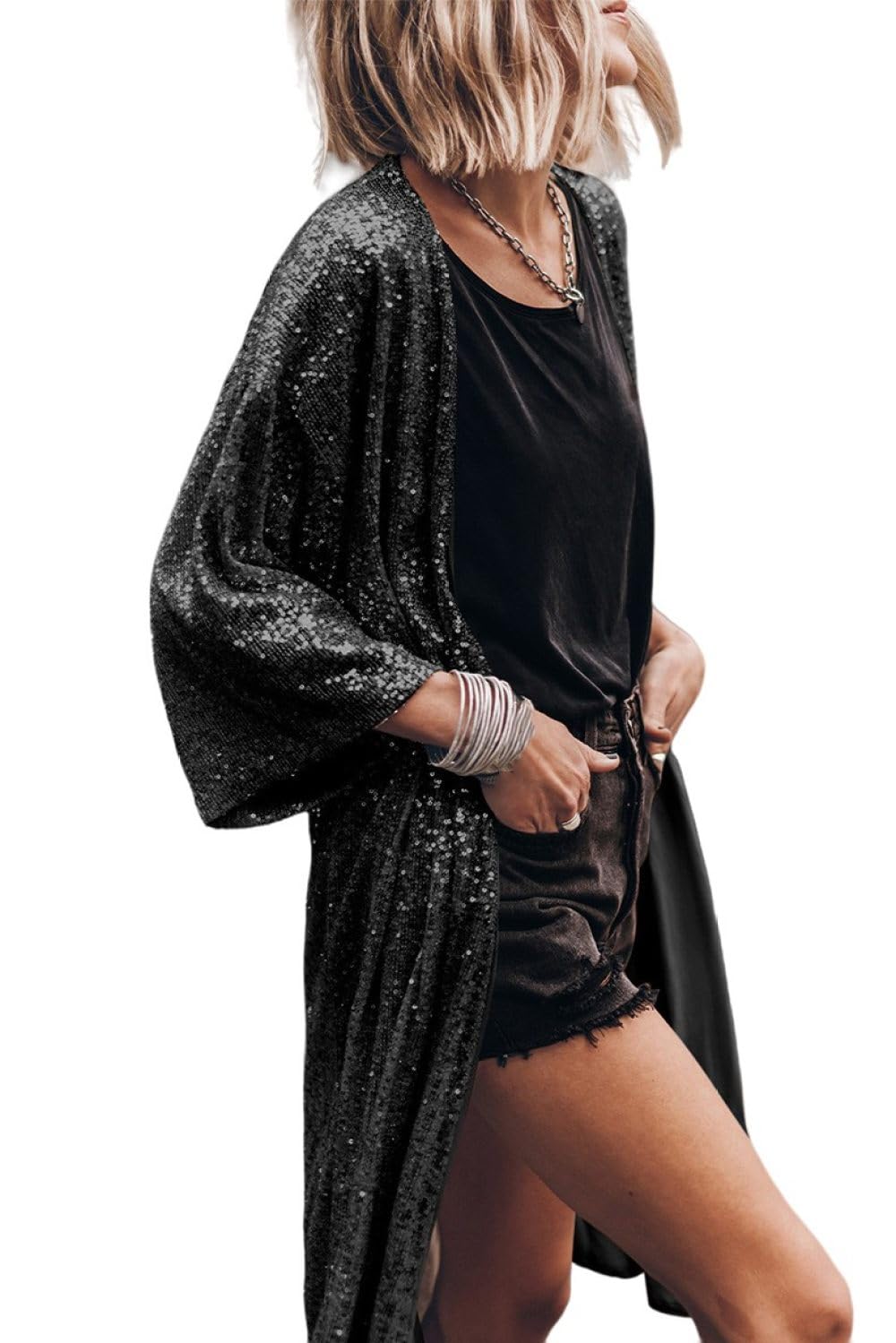 Damen Cardigan leicht glänzend mit Pailletten Kimono Cardigan lässig funkelnd vorne offen Schal Oberteil Art Deco Bolero Achselzucken Mantel Bikini Schalbluse