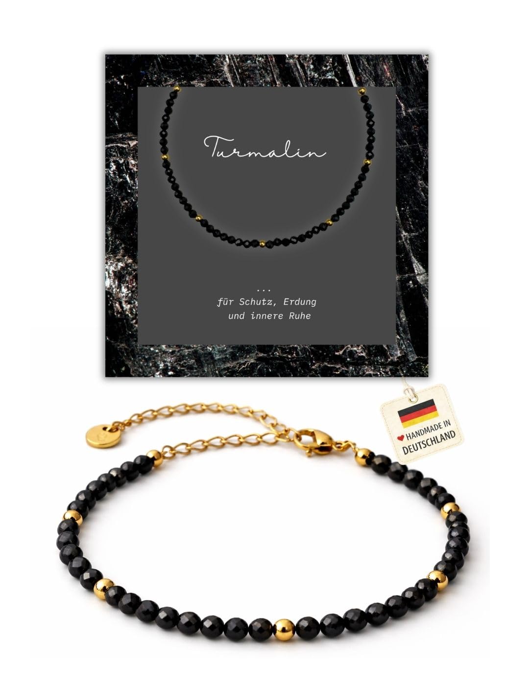 happymaker - Schwarzer Turmalin Armband Damen, Perlenarmband Damen mit echten Turmalin, Heilsteine Armband mit Verschluss, Geschenkverpackung, Schutzstein und Kraftstein Geschenk, Handmade