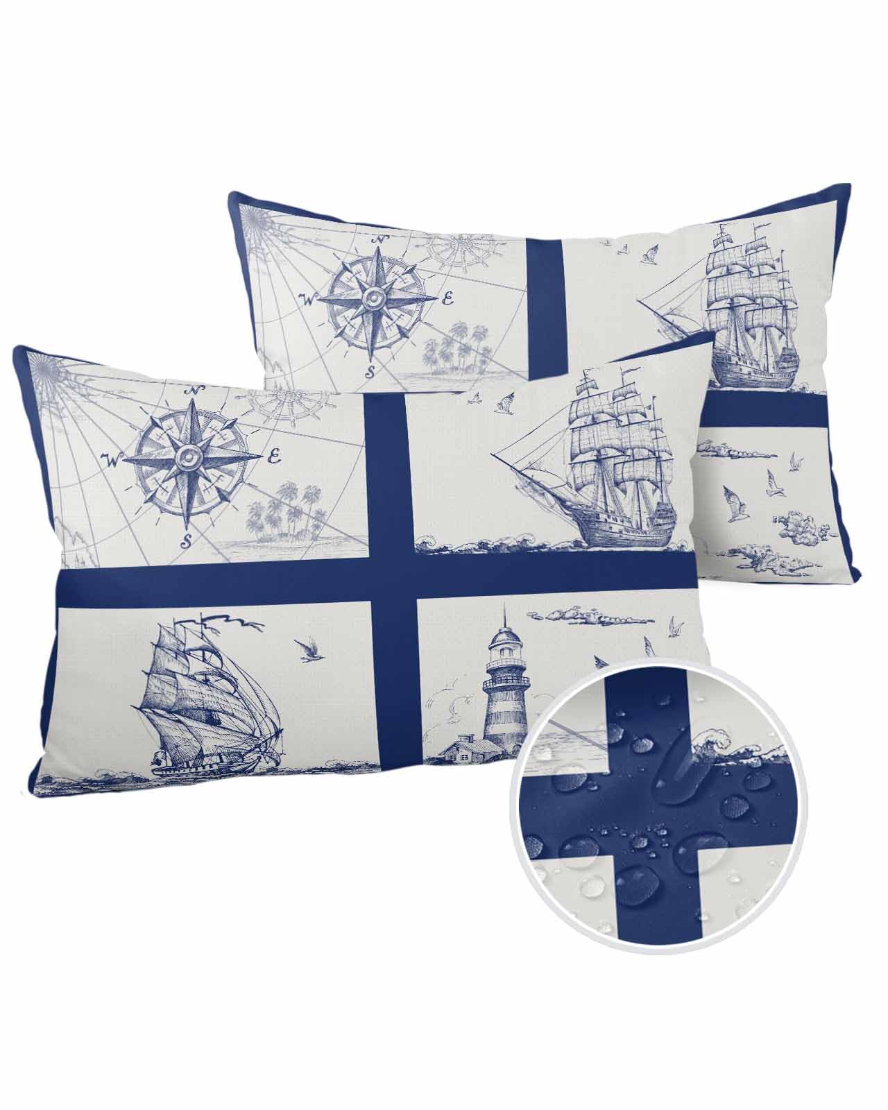 Boanket Lumbar Pillow Covers 12 x 20 in, Navy Blue Nautical Waterproof Throw Pillow Cover Set of 2, Coastal Summer Beach Ocean Seaside Home Decorative Rectangle Cushion Covers for Patio/Couch/Garden