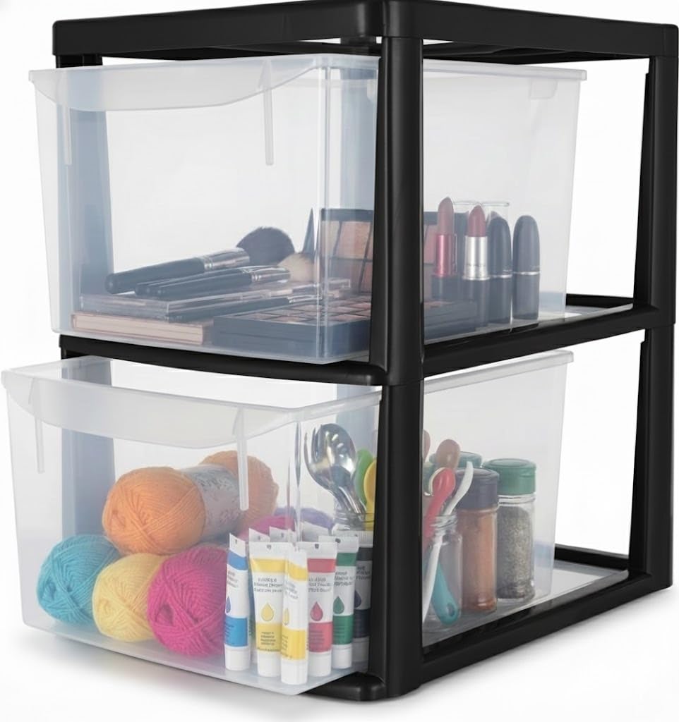 Sidsons - Large Plastic Storage Drawer Unit - Stackable Transparent Units - Clear Drawers for Home, Office Makeup Organiser - Compact Organiser Chest - Multi-Room Storage Solution (Black, 2 Tier)