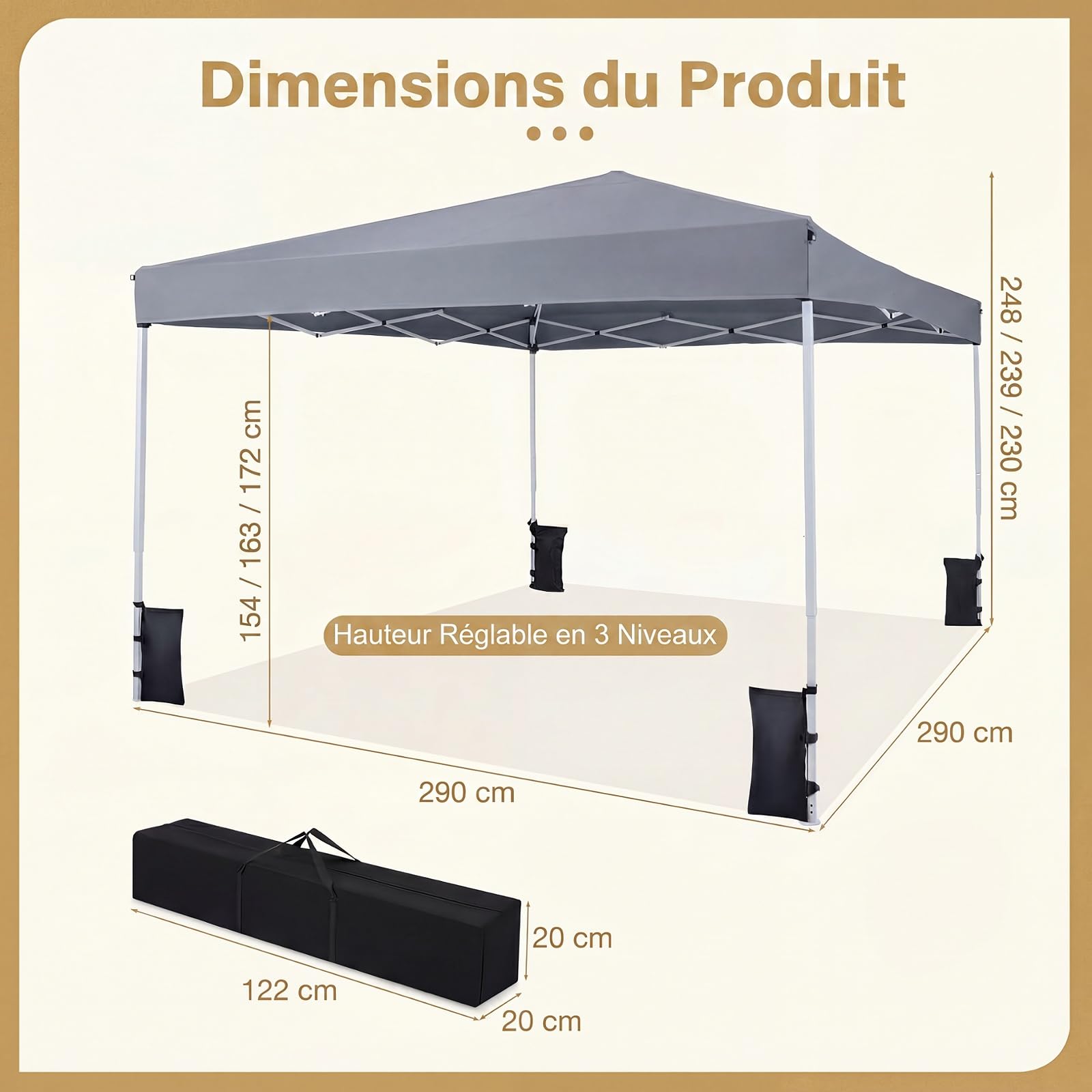 RELAX4LIFE Tonnelle Pliante 3x3 Imperméable, Barnum Pliant Facile à Monter, Protection Solaire UPF50+, Tissu Oxford Argenté, Cadre Métallque, Sac Inclus, Gazebo 3x3 pour Terrasse Marché Camping (Gris)