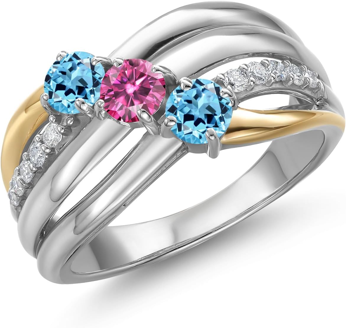 Gem Stone King 925 Silver and 10K Yellow Gold Swiss Blue Topaz and Pink Moissanite and Lab Grown Diamond Engagement Ring for Women | 1.09 Cttw | Round 4MM | November Birthstone