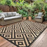 GENlMO Outdoor Teppich Wetterfest 240x300cm Picknickdecke Plastik-Strohhalm Matte UV-bestandig Camping Teppich Waschbarer Outdoor Teppiche fur Garten, Balkon,Pool, Deck, Hinterhof, Schwarz & Braun