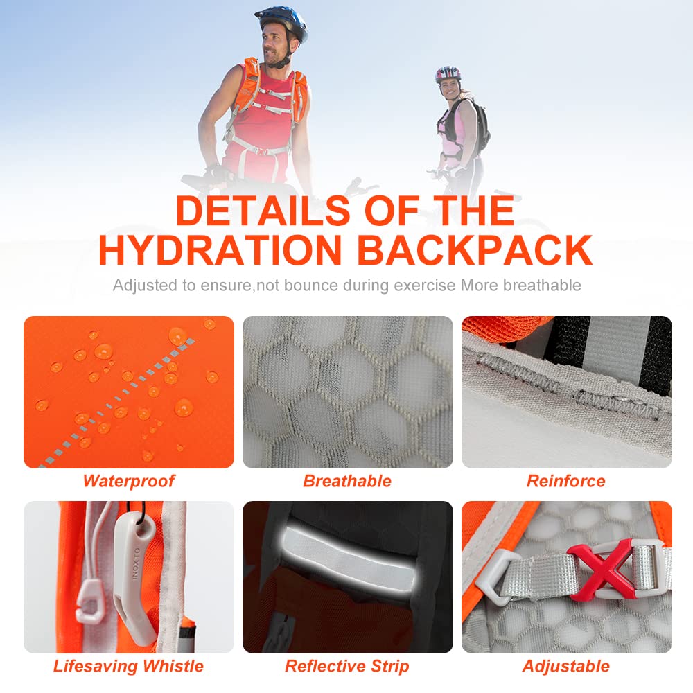 INOXTO Sac à dos d'hydratation avec réservoir d'eau étanche de 2 L, sac à dos d'hydratation léger pour homme, sac à dos pour cyclisme, motocross, escalade, trail, course à pied (orange)