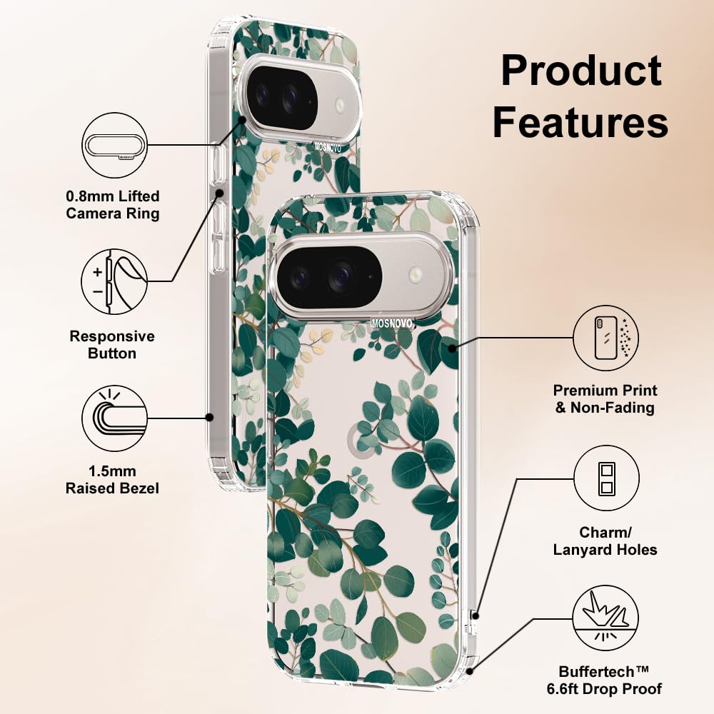 MOSNOVO Case for Google Pixel 9 & Pixel 9 Pro, [Buffertech 6.6ft Military-Grade Drop Protection] [Anti Peel Off Tech] Clear TPU Bumper Phone Case Cover Design - Eucalyptus — view 7