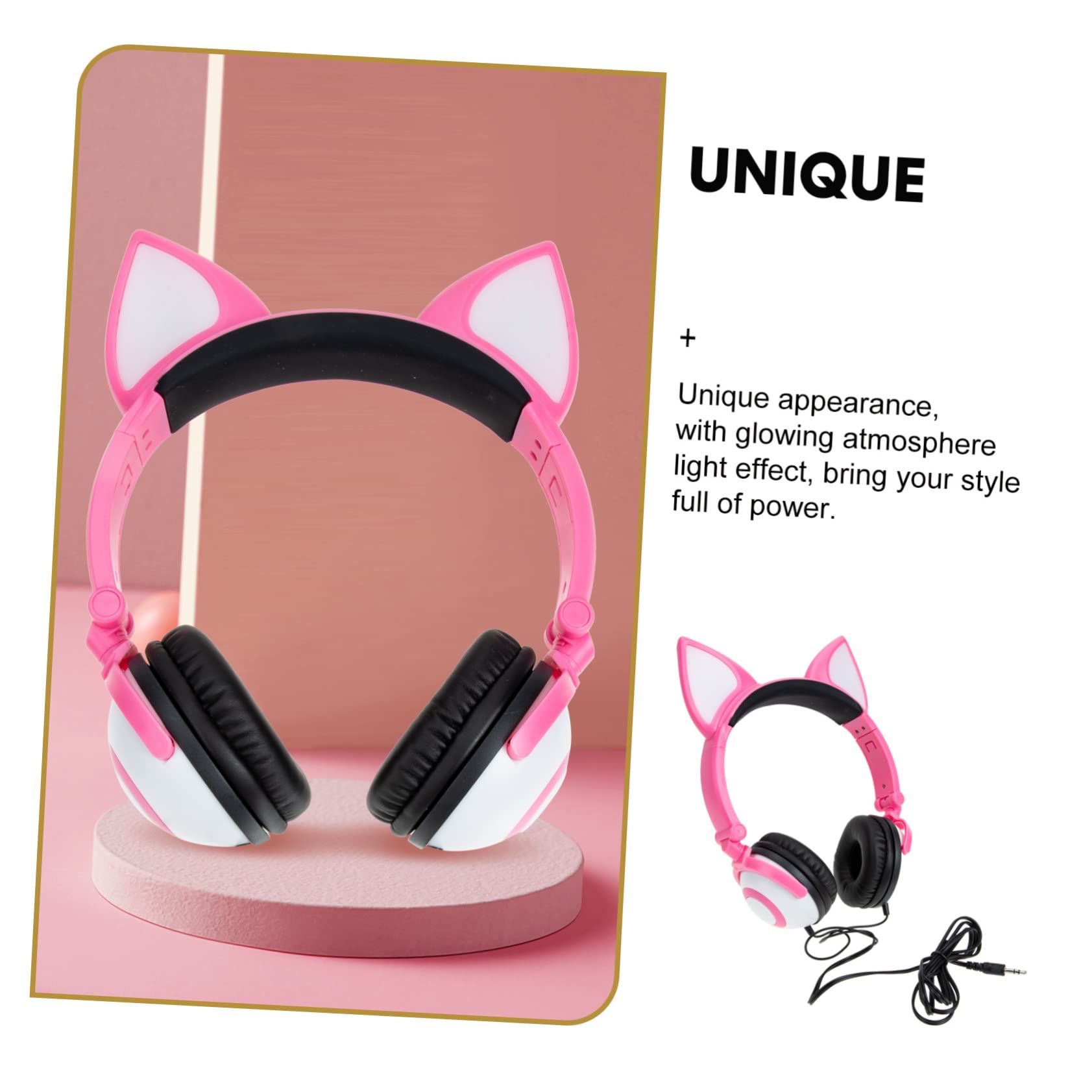 jojofuny Cuffie On Ear per Bambini Rosa in Pvc Orecchie Gatto | Jack da 3, 5mm, Driver 40mm, Controllo a Pulsante Luce, Batteria Button 180mah