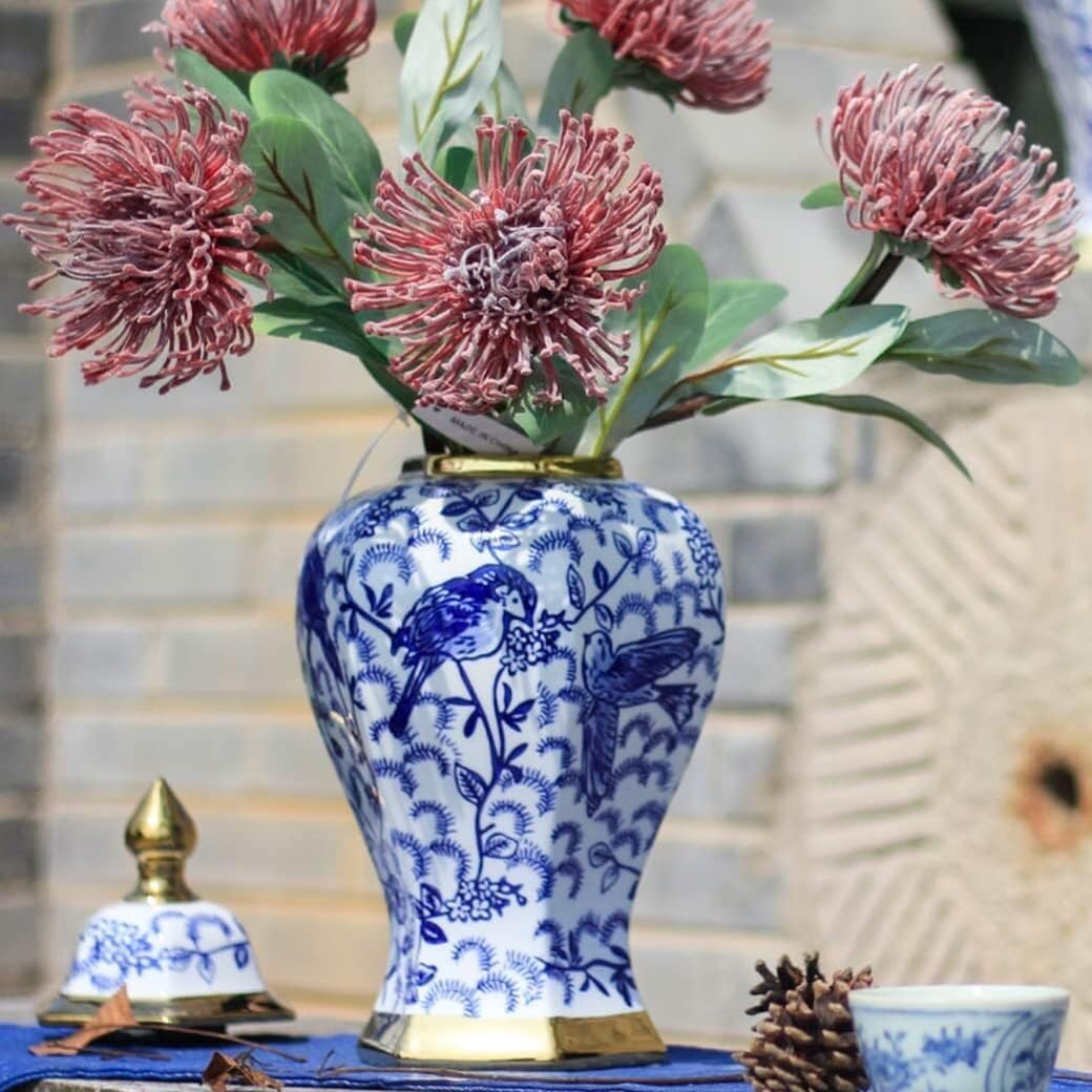 Food Storage Jar,Decorative Jar Ginger Jar Vase Decor Ceramic Vases Ginger Jars with Lid for Home Decor Blue and White Dried Flower Vase Decoration for Home Ginger Jars STO,A-11 * 34Cm