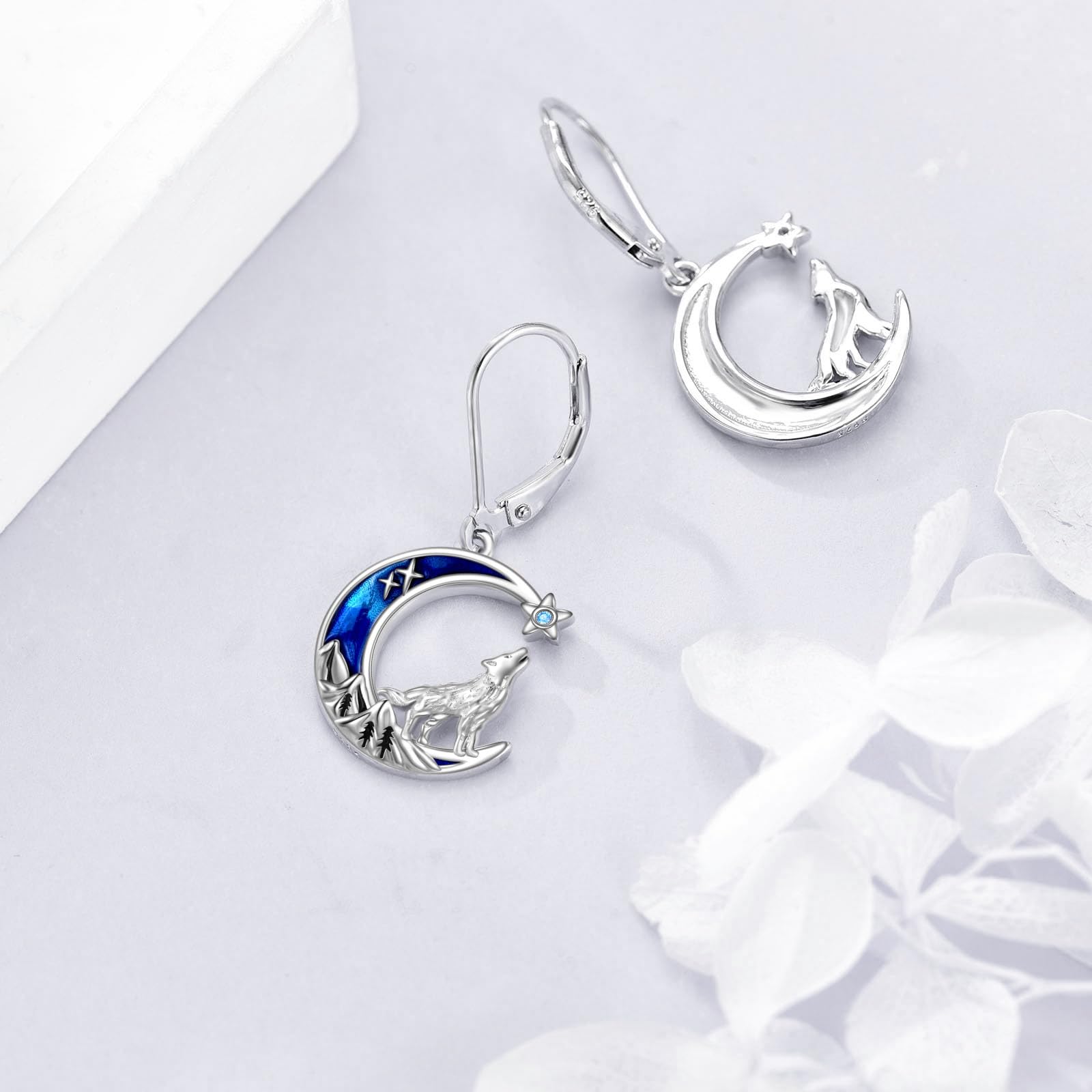 Tier Ohrringe Geschenke für Damen Mädchen Sterling Silber Abalone Mountain Wolf Ohrringe Mond Stern Leverback Ohrringe Schmuck Geschenke