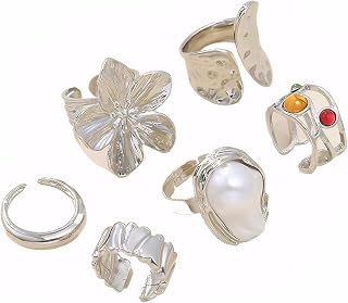 Chunky Gold Rings for Women Non-Tarnish, 6 Pieces Statement Ring Set, Gold-Tone with Flower and Pearl Design