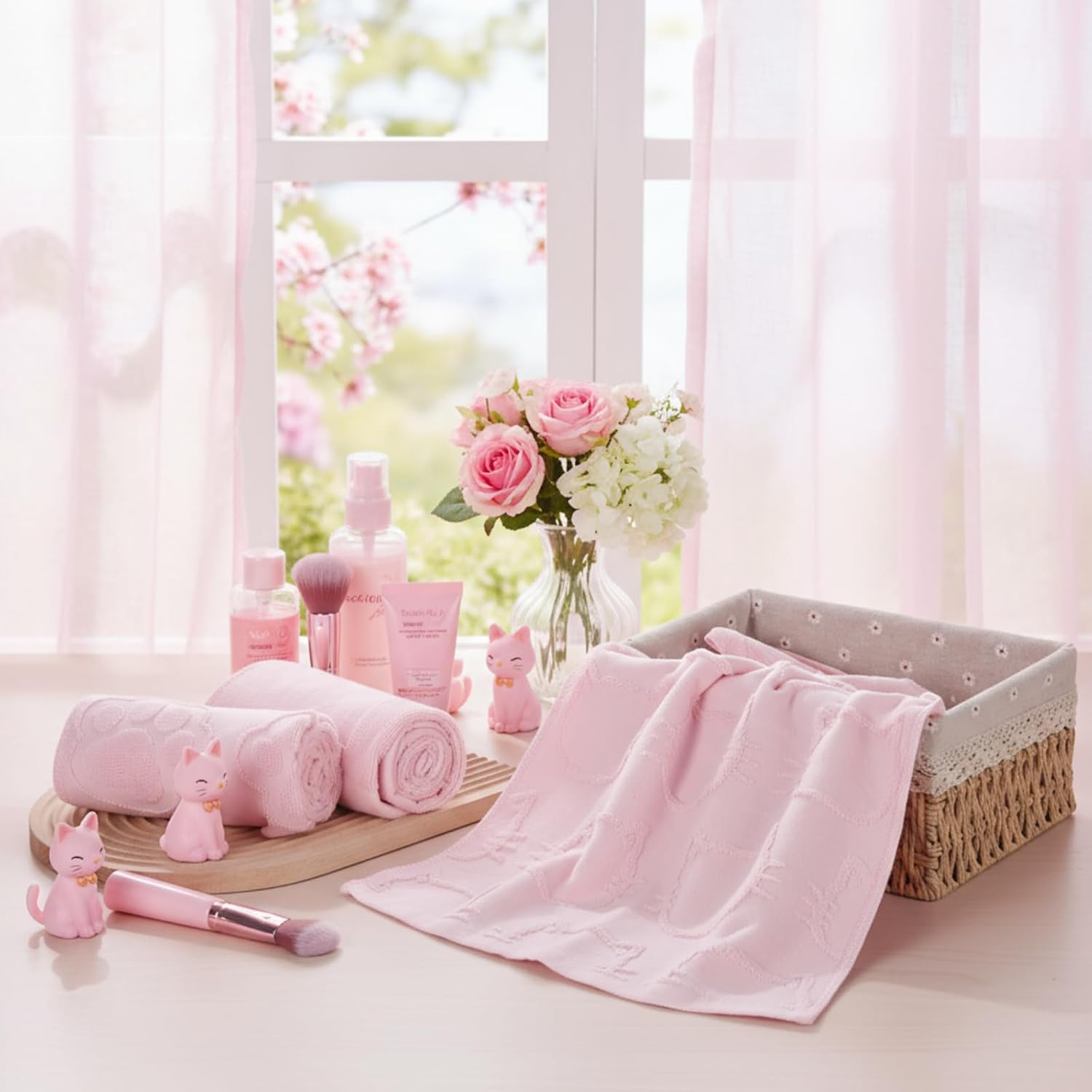 Hahafelt 3 Pack Pink Cat Bathroom Hand Towels Cute Paw Kitchen Towels Decor 100% Cotton Soft Absorbent Decorative Jacquard Weave Gifts for Kitchen Bathroom Decor, 29.5 x 13.7 Inch