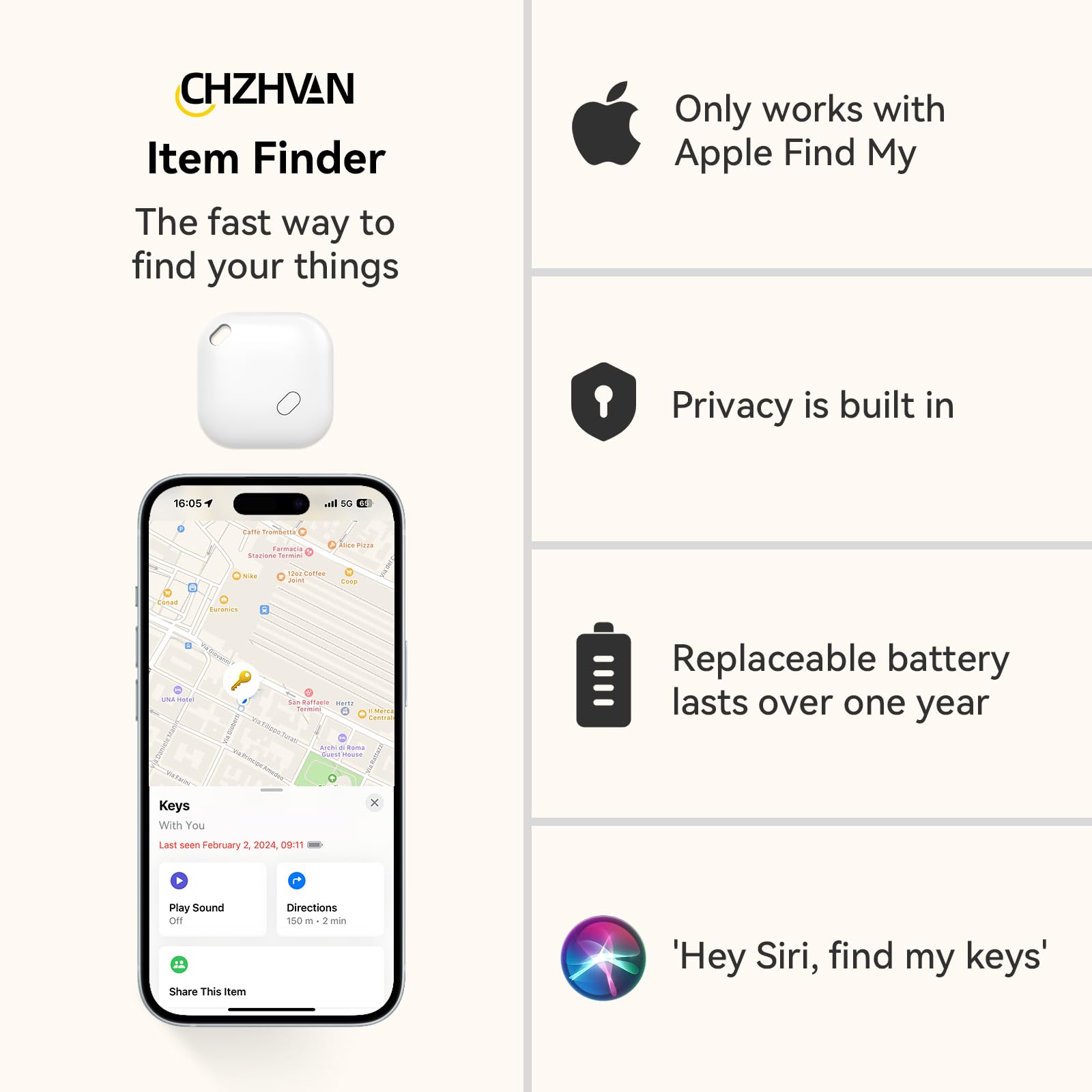 CHZHVAN Key Finder, Wallet Tracker Works with Apple Find My (iOS only), Replaceable Battery, Bluetooth Item Finder for Bags, Luggage, Pets & Backpack (White, 1 Pack)
