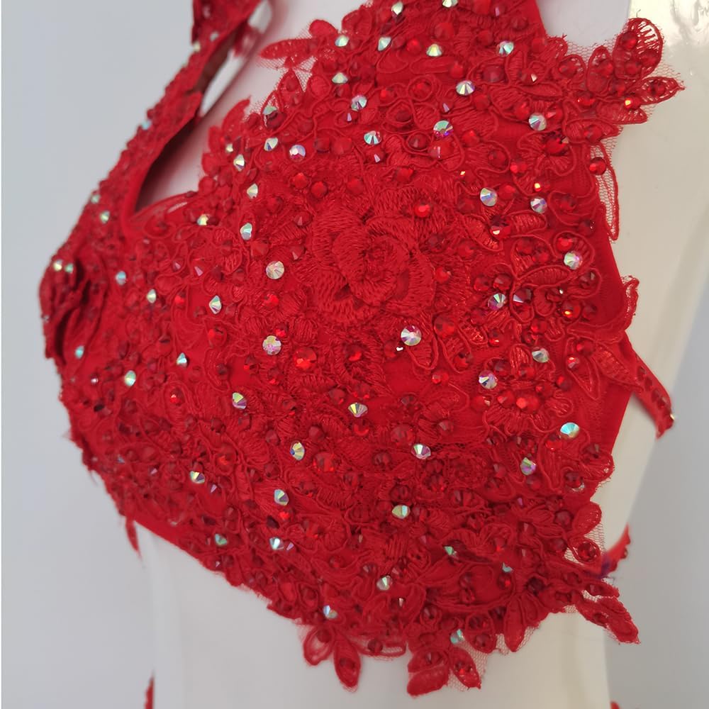 Lyric Dance Dress Red Pearl Lace Flower Pole Dancing Girl Competition Performance