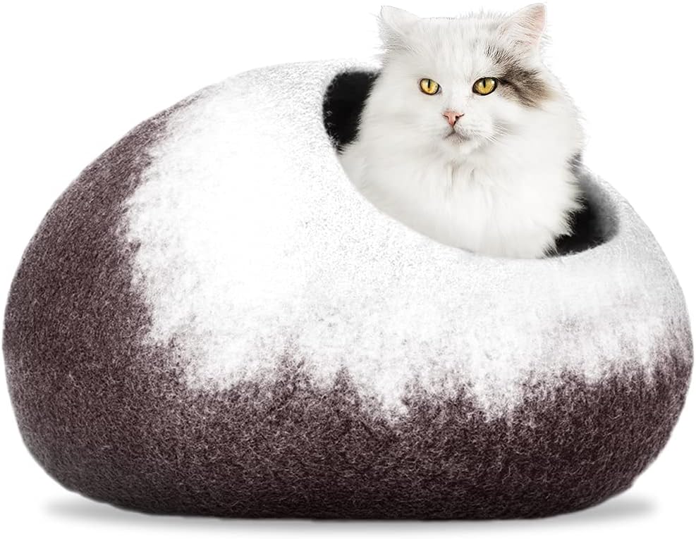 PETKIRI Handcrafted Felted Wool Cat Cave Bed for Cat and Kittens - Felted from 100% Natural Wool (Coffee Petals)