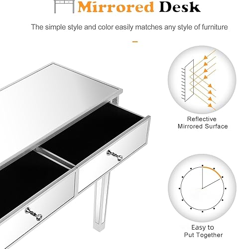 Miniatura 4 de VINGLI 42" Silver Mirrored Vanity Desk, Makeup Table with 2 Drawers, Mirrored Console Table, Mirror Desk with Drawers, Mirror Console Tables for