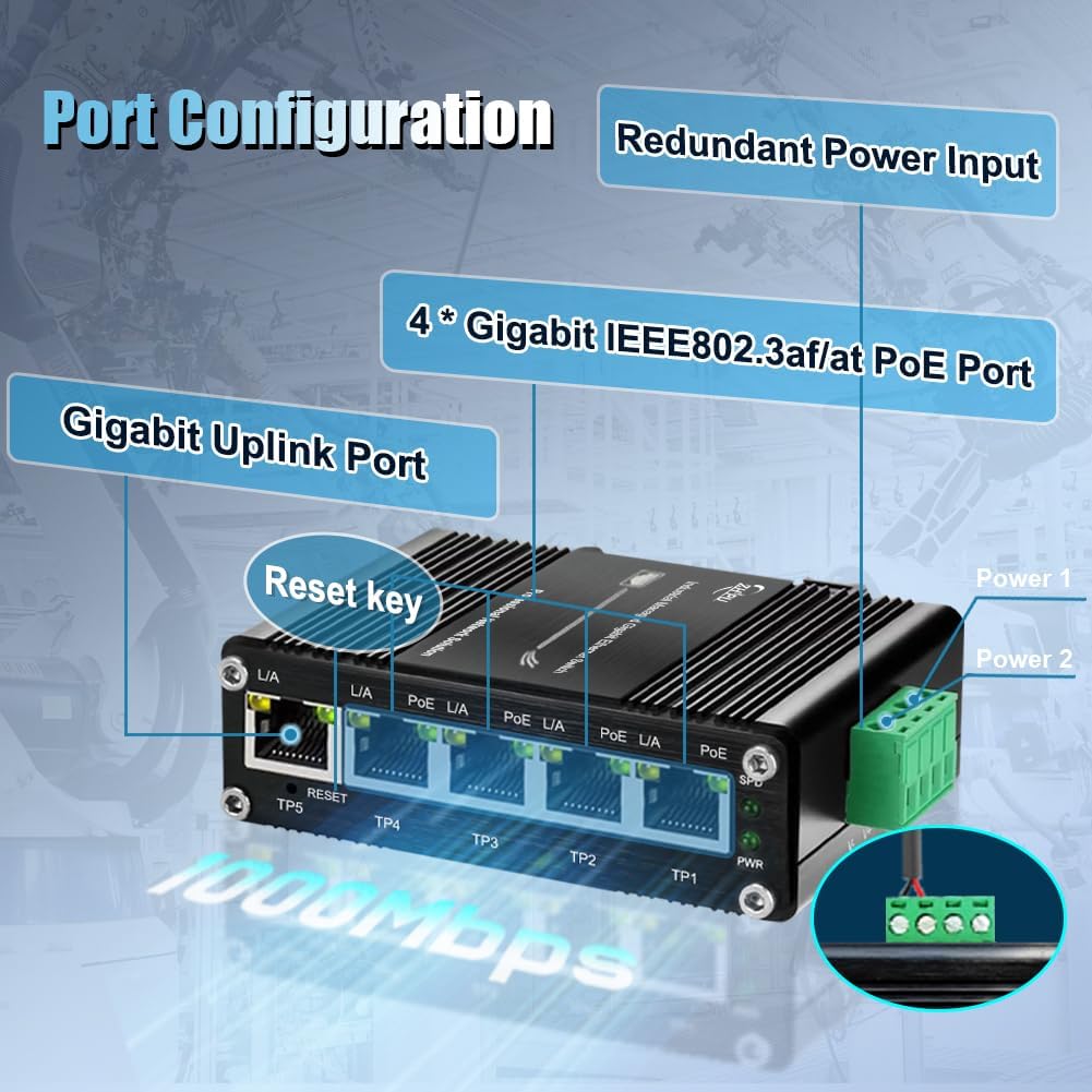 Industrial Managed 5-Port PoE Ethernet Switch, Mini Gigabit Netzwerk-Switch mit Web-Management, DIN-Schienen-kompatibel