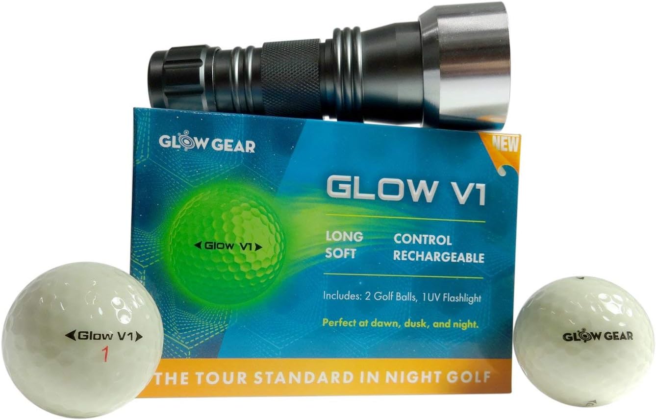GlowGear Golf - GlowV1 Night Golf Balls with UV Flashlight, Glow in The Dark Golf Balls 2 Piece Construction with Tour Quality Compression Core, Urethane Skin, and Ultra Bright Glow