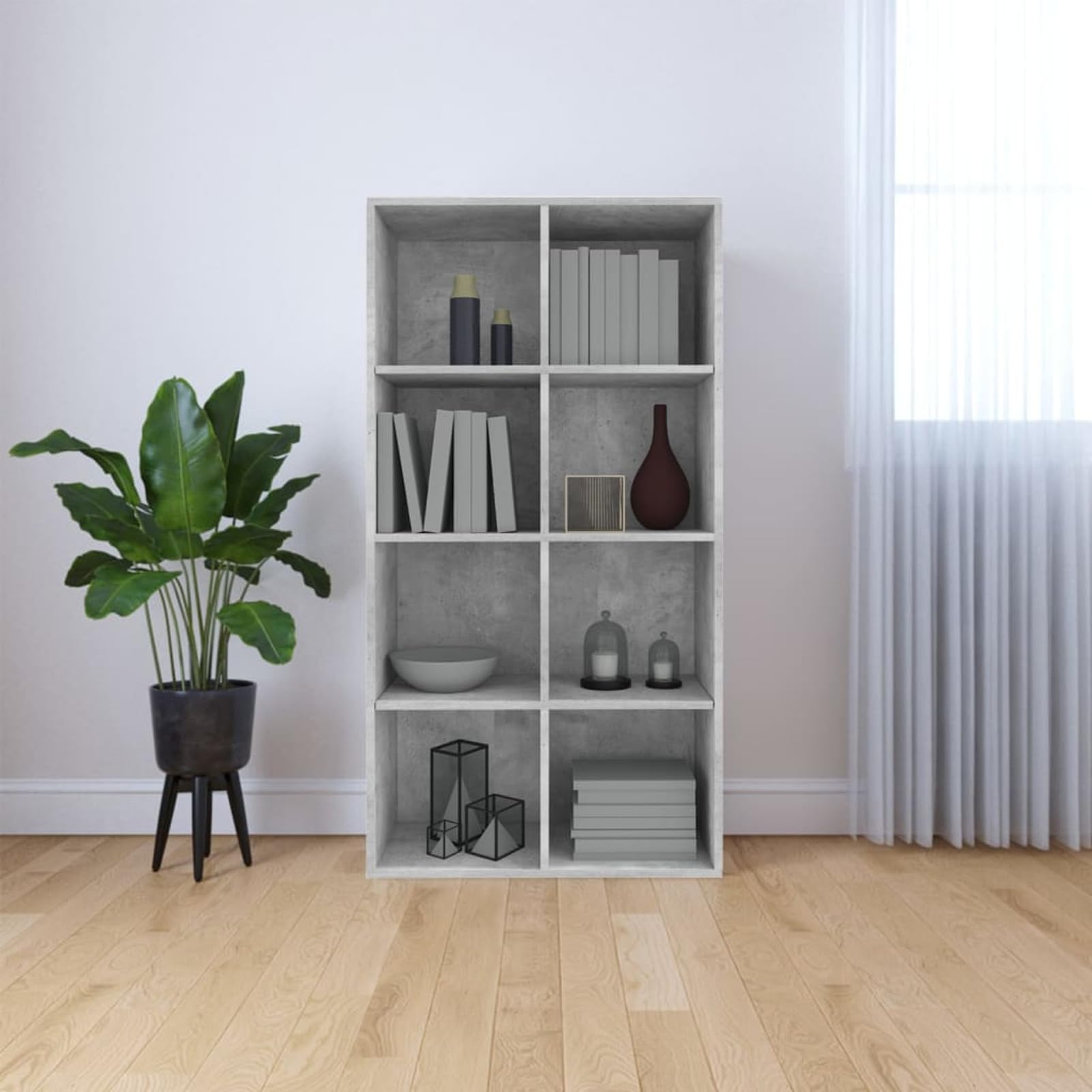 Bibliothèque buffet avec 8 compartiments, étagère haute, étagère de bureau, meuble de salon, bureau, gris béton, 66 x 30 x 130 cm, matériau dérivé du bois