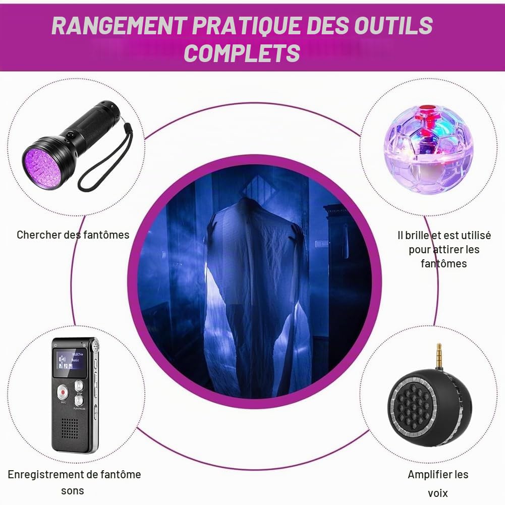 Kit D'Équipement 8 Pièces : 1 Compteur EMF, 1 Étui, 1 Enregistreur Vocal, 1 Lampe de Poche, 1 Haut-Parleur, 2 Boules Lumineuses pour Chat et 1 Radio FM.