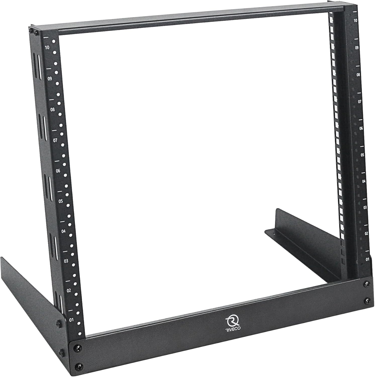 RIVECO 10U Desktop Rack for Audio & Network Devices 19 Inch 2 Post Open Frame Shelf with Reinforced Beam, Free Standing Racks for IT Server Sound AV Music Recording Equipment