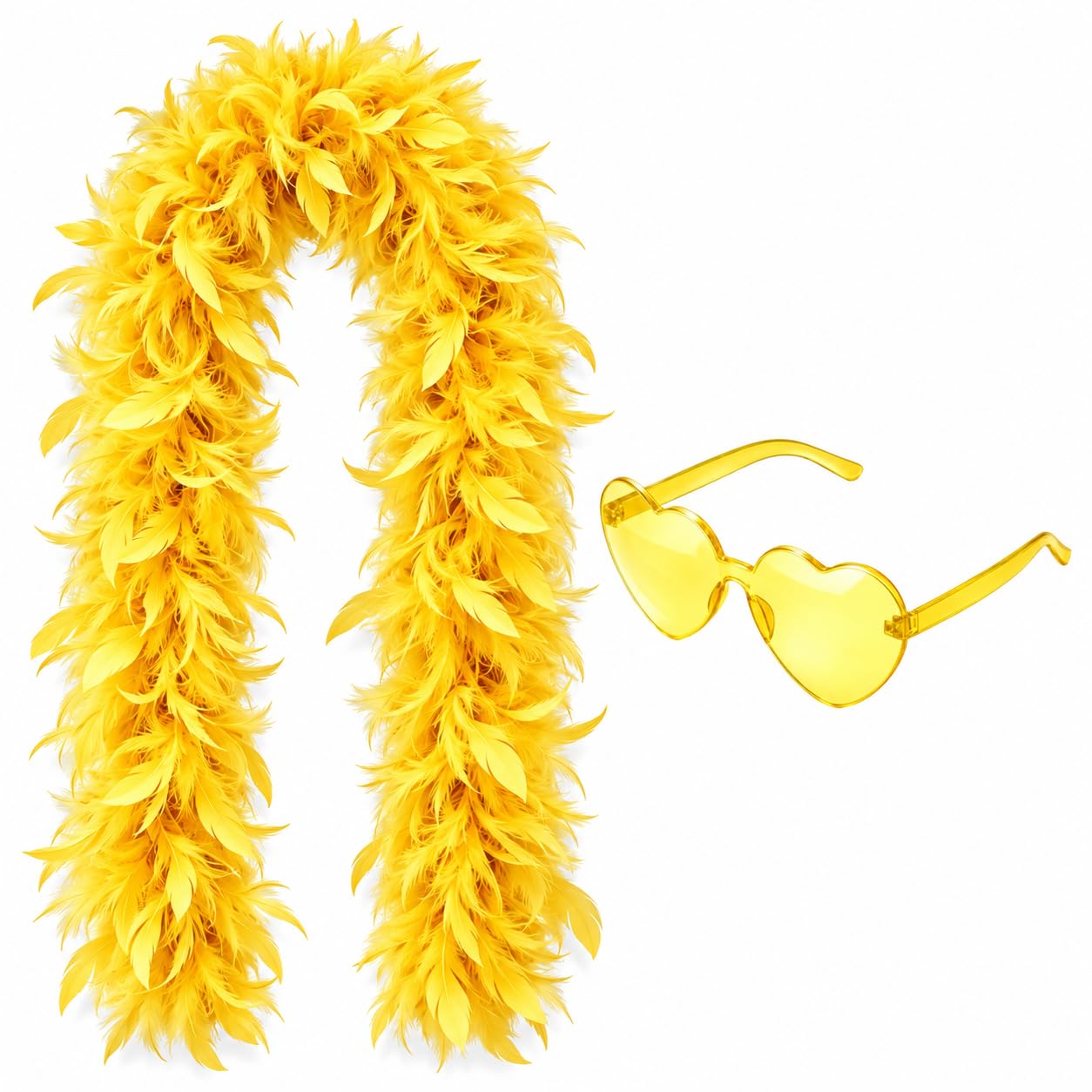 Mdlooin Yellow Feather Boa 45g 2m (6.6ft) with Heart Rimless Sunglasses — image 1