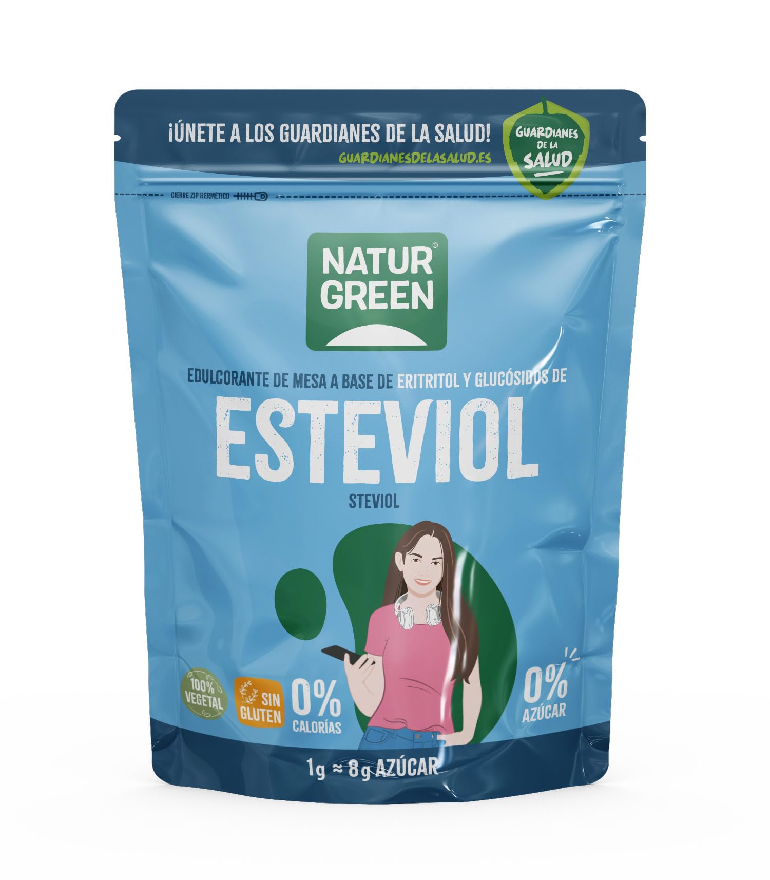 NaturGreen - Steviol, Edulcorante Natural, con Base de Eritritol, Sustitutivo del Azúcar, Orgánico, 100% Vegetal, Bajo Índice Glucémico