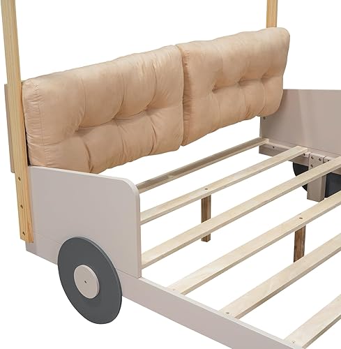 Miniatura 87 de Cama de plataforma clásica en forma de automóvil con ruedas, cama de automóvil de tamaño matrimonial con soporte de listones de madera, marco de