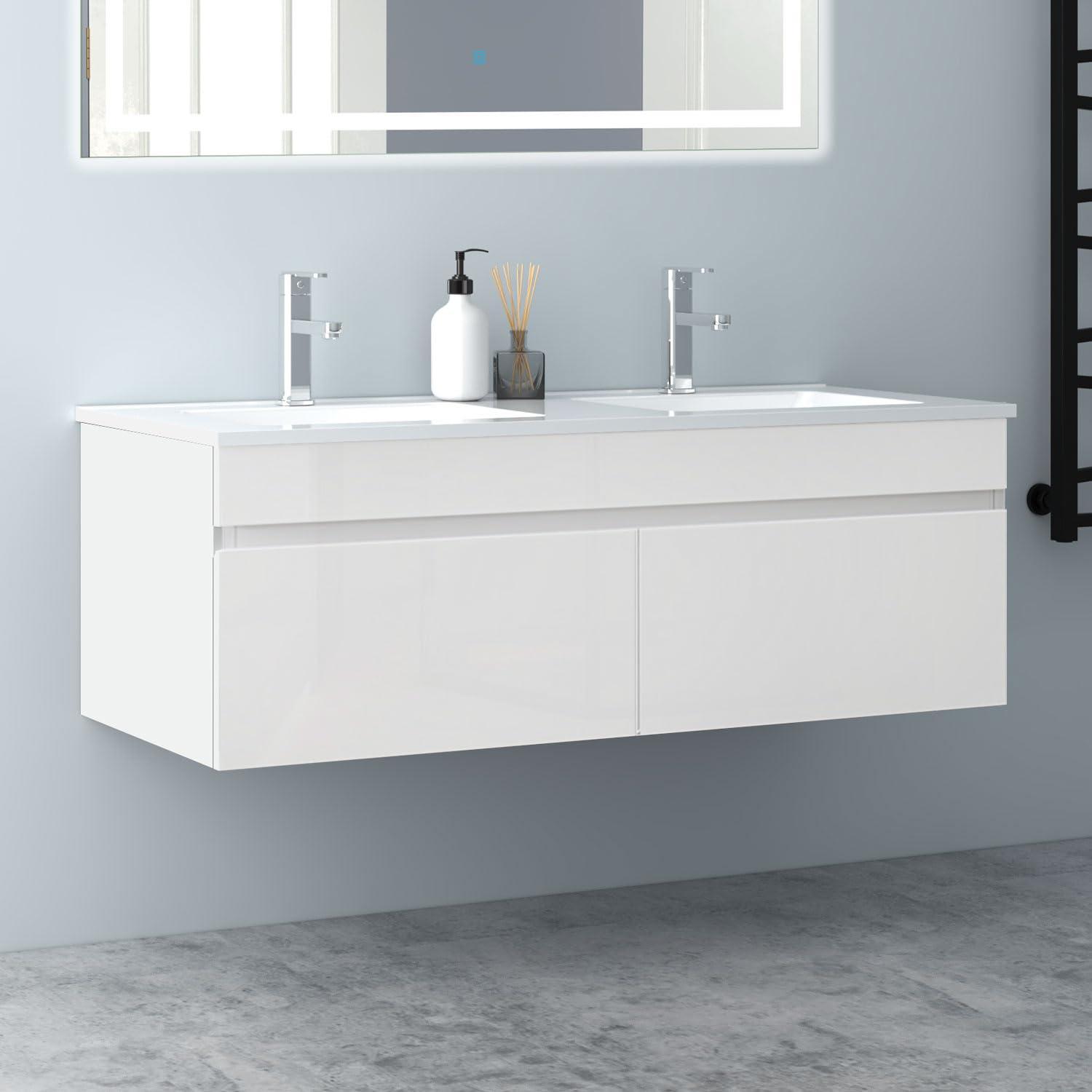 Badezimmer Badmöbel 120cm Keramik Waschtisch mit Unterschrank Hängeschrank Hochglanz Weiß Badezimmerschränke Badschrank mit 2 Soft-Close Türen