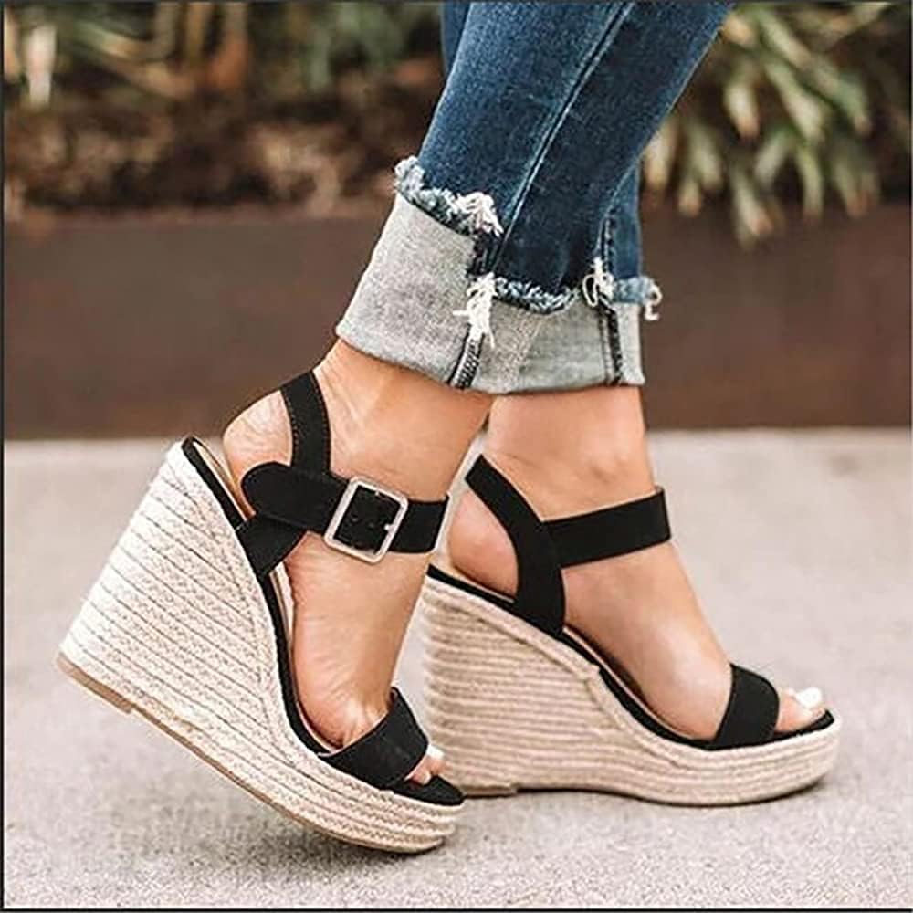 Women'S Wedge Sandals Platform, Ankle Strap Wedge Sandals Open Toe Casual Summer Straw Woven Classic Wedge Sandals - Image 8