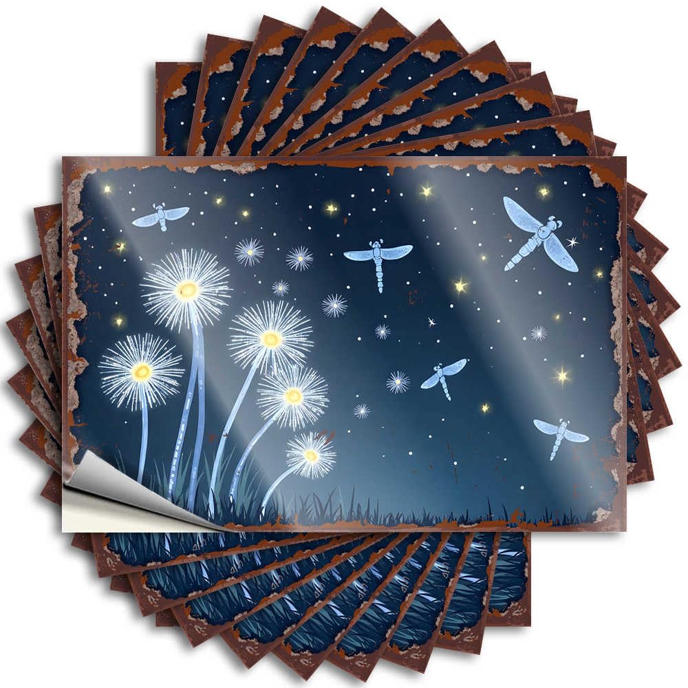 Fzfn Colour Lake Water Stickers | Dragonflies And Dandelions Under A Starry Night Sky Books Durable Vinyl Sticker Easy Apply For Birthday(6X9cm)