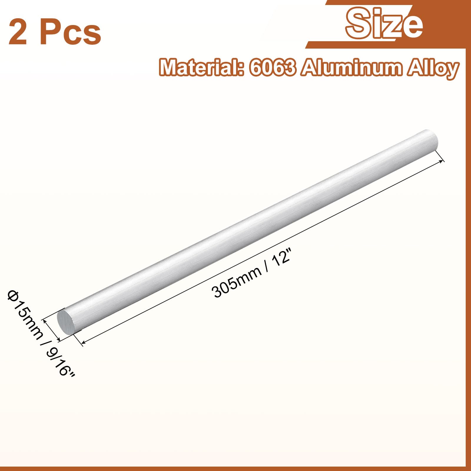 QUARKZMAN 2Pcs Tige Ronde En Aluminium De 9/16"(15mm) De Diamètre, Longueur 12"(305mm) Barre Pleine En Aluminium 6063 Pour Tour Pour Industrie Construction Bricolage Artisanat