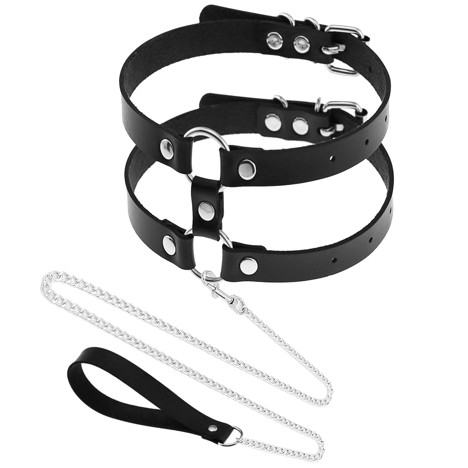 Two Row Leather Choker Collar with PU Handle Leash Chain Set for Women Pet,Sexy Neck Leg Arm Harness Belt Cosplay Jewelry
