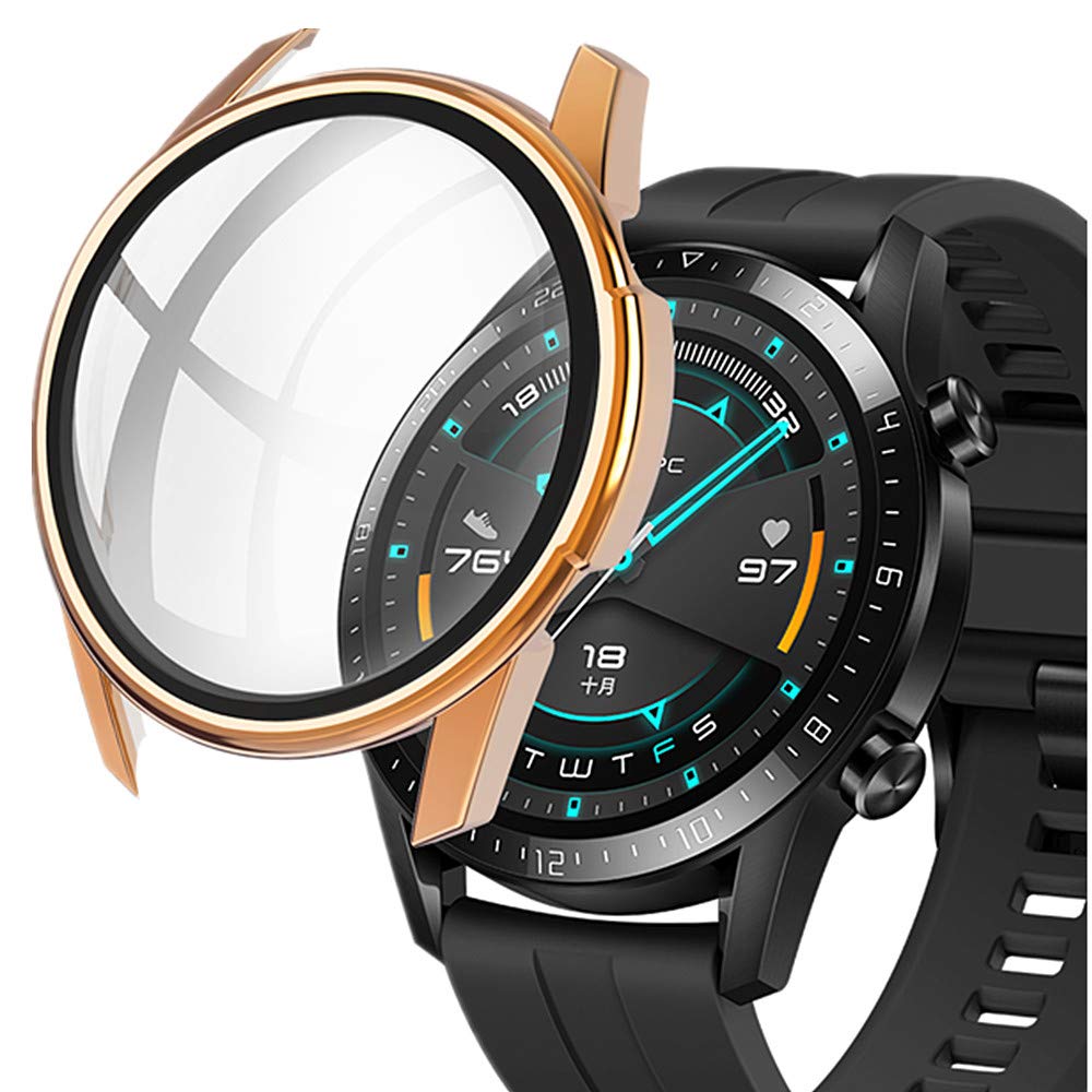 Compatible for Huawei GT2 watch screen protector 46mm Ultra Thin HD Tempered Glass Screen Protection Overall Protective Case Electroplate Hard Cover Defense Edge for Huawei GT2 46MM (Rose gold)