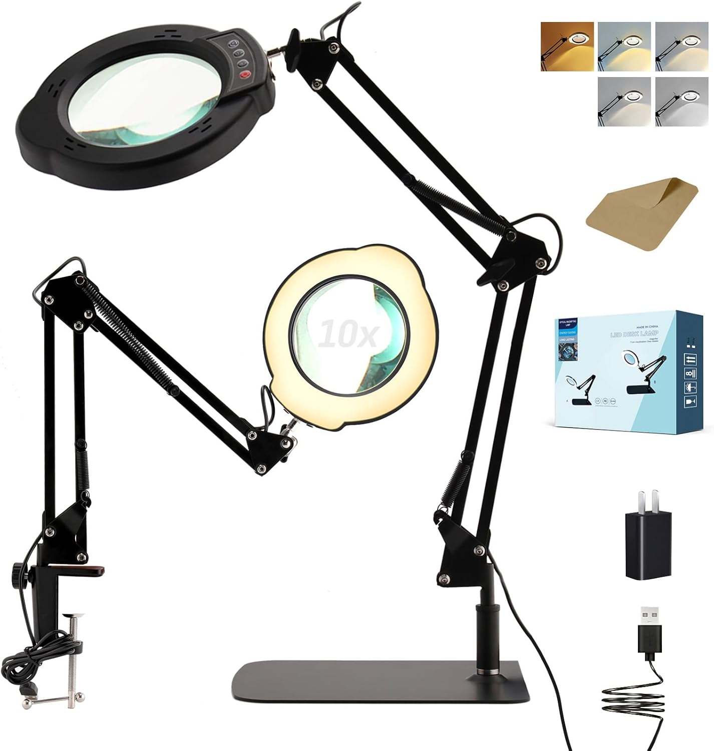 10X Magnifying Glass with Light and Stand, 5 Color Modes Stepless Dimmable LED Lighted Desk Lamp, Hands-Free Mag Desk Lamp with Clamp for Craft Hobby Painting Sewing Close Work Repair