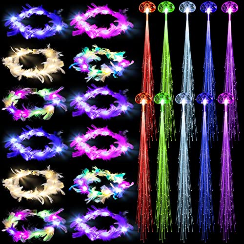 Janinka 22 Pcs Led Feather Crown Headband Light Up Multicolor Flower Crown Hair Barrettes Clips Hair Accessories For Girls Women, Blue, Multicolor, Green, White, Red, Pink, Purple, One Size #TOP10